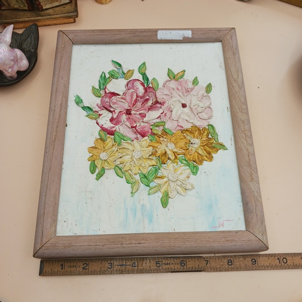 Vintage Framed Original Floral Impasto Painting Canvas Pink Yellow 8x10